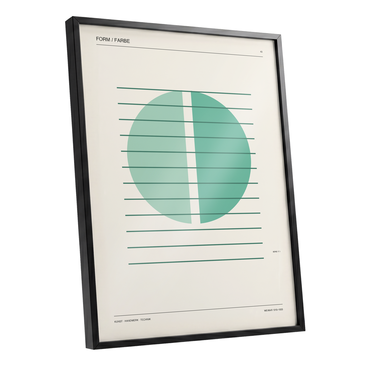 Split Circle Study, green, beige, black minimalist wall art shown as a black framed poster wall art print