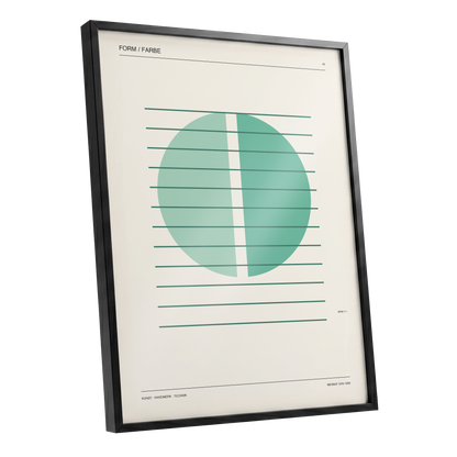Split Circle Study, green, beige, black minimalist wall art shown as a black framed poster wall art print