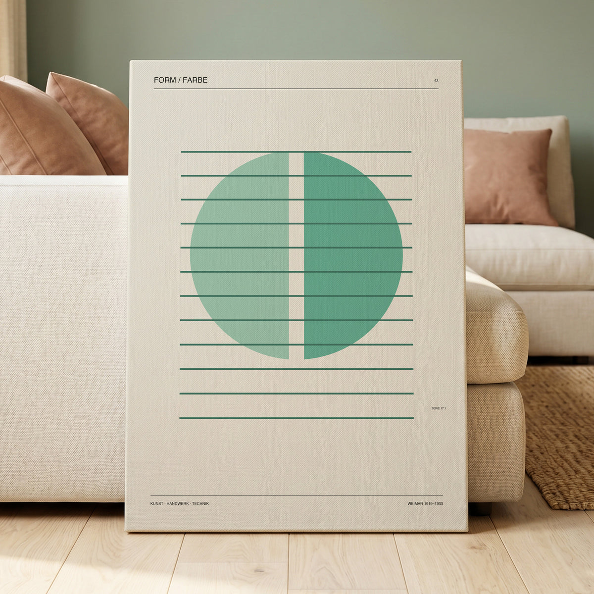 Split Circle Study, green, beige, black minimalist wall art on canvas displayed in a styled interior, gallery view 1