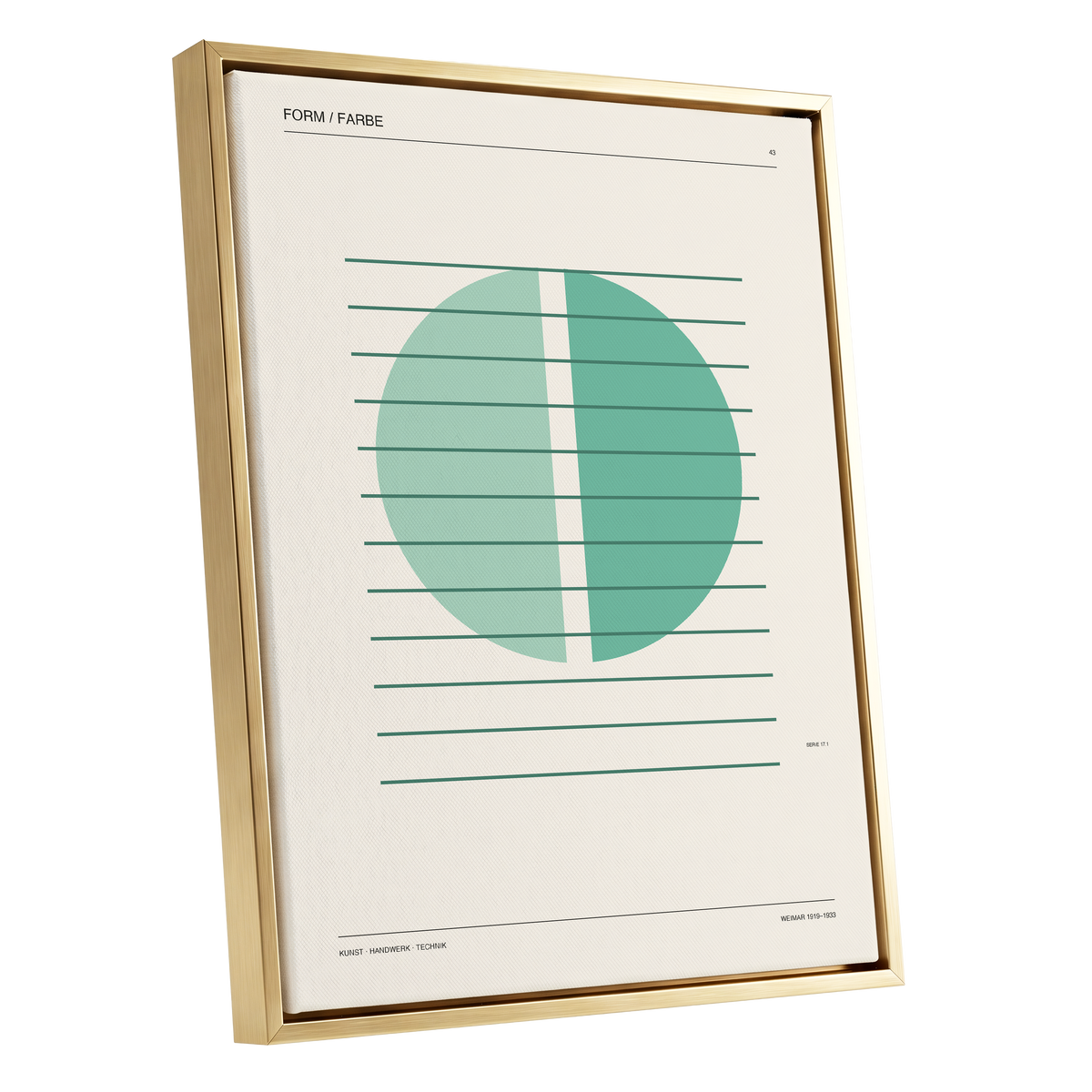 Split Circle Study, green, beige, black minimalist wall art shown as a gold framed canvas wall art
