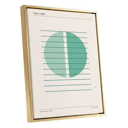 Split Circle Study, green, beige, black minimalist wall art shown as a gold framed canvas wall art