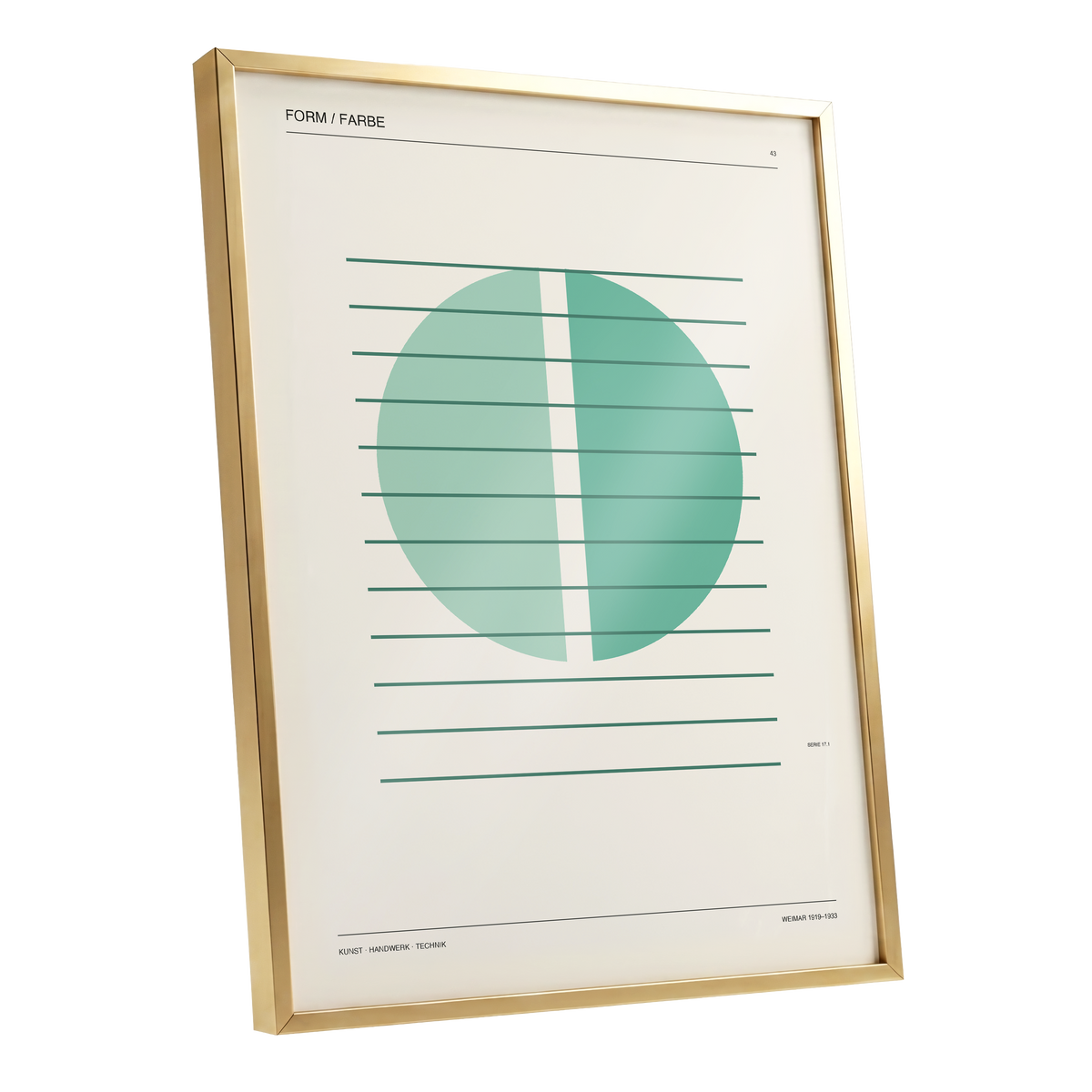 Split Circle Study, green, beige, black minimalist wall art shown as a gold framed poster wall art print