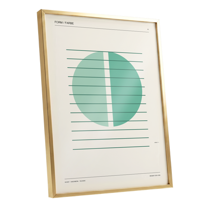 Split Circle Study, green, beige, black minimalist wall art shown as a gold framed poster wall art print