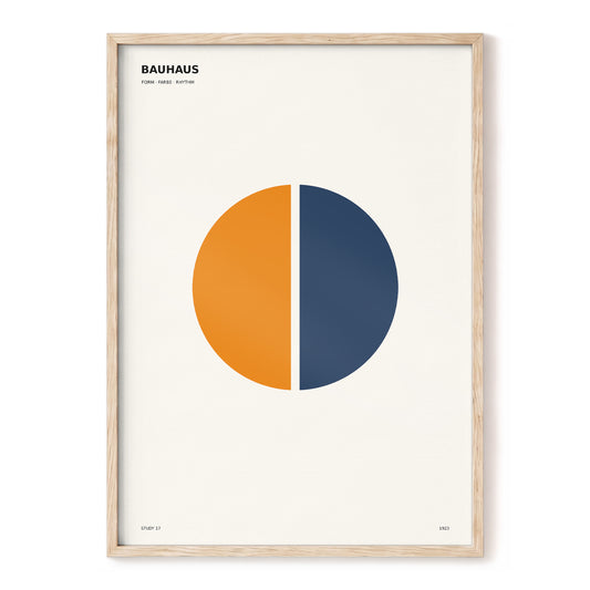 Split Circle Study, beige, orange, blue minimalist wall art, front artwork view