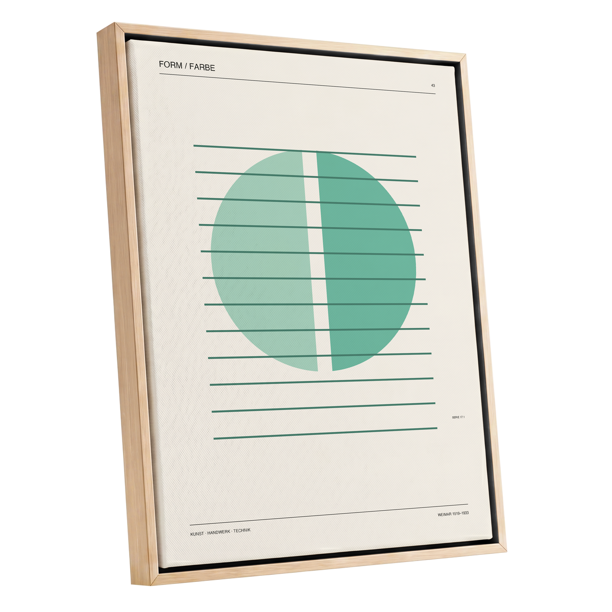 Split Circle Study, green, beige, black minimalist wall art shown as a oak framed canvas wall art