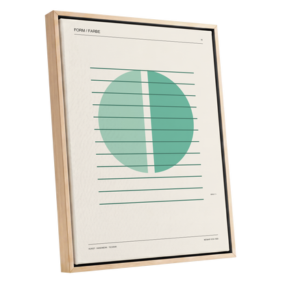 Split Circle Study, green, beige, black minimalist wall art shown as a oak framed canvas wall art