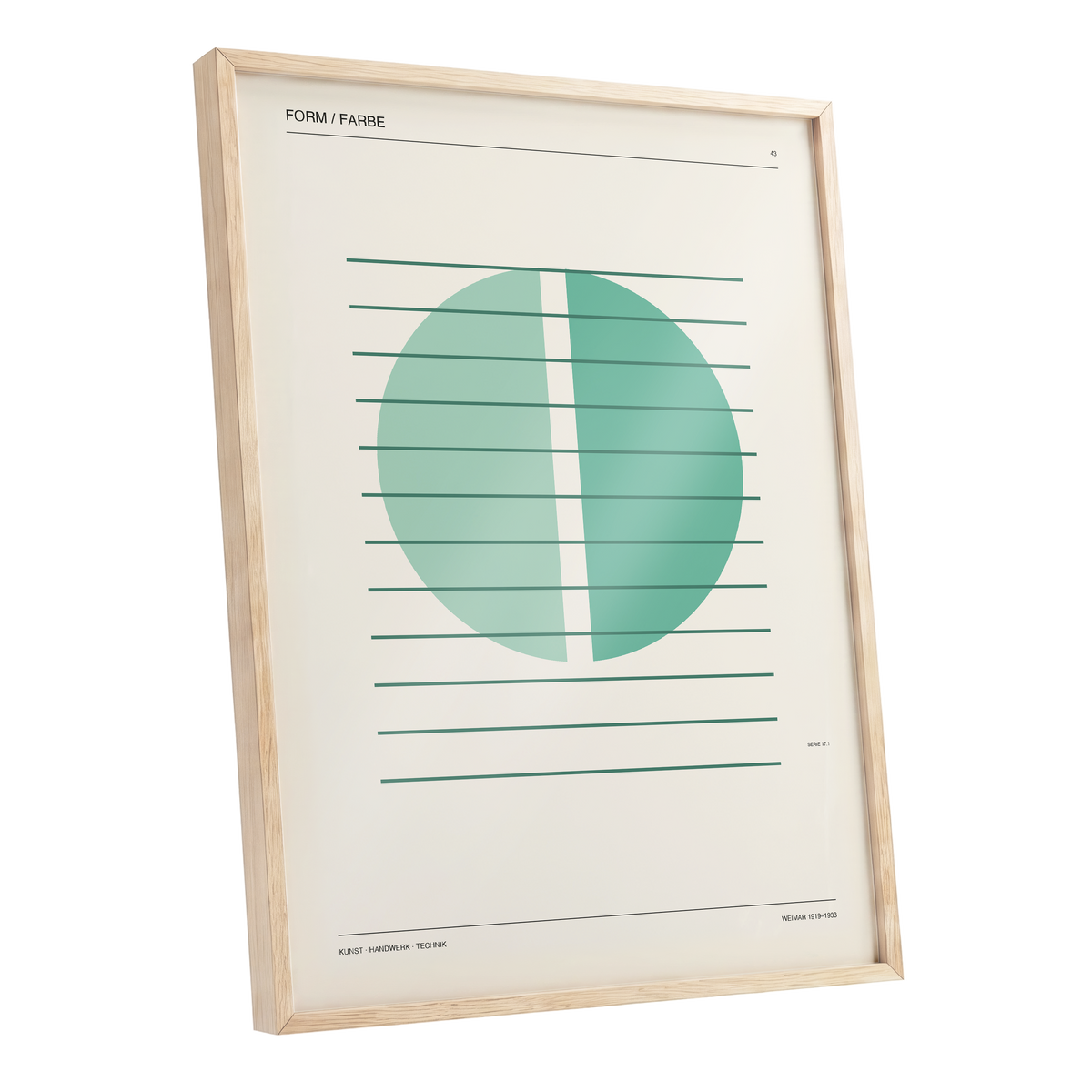 Split Circle Study, green, beige, black minimalist wall art shown as a oak framed poster wall art print