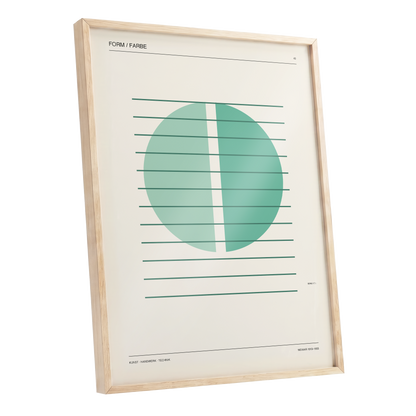 Split Circle Study, green, beige, black minimalist wall art shown as a oak framed poster wall art print