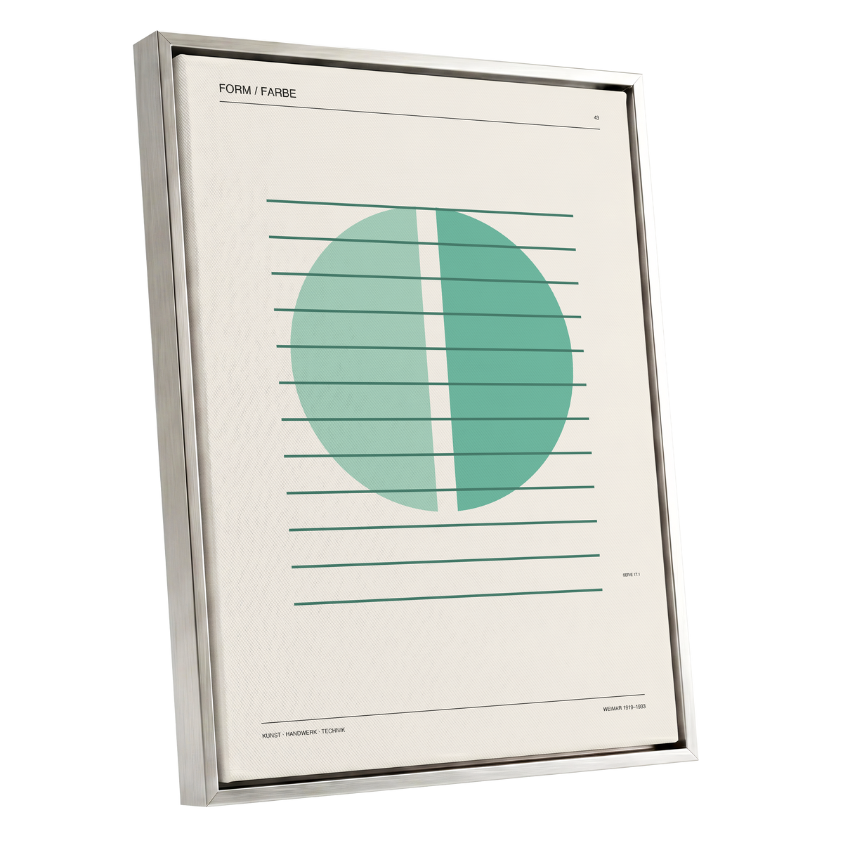 Split Circle Study, green, beige, black minimalist wall art shown as a silver framed canvas wall art