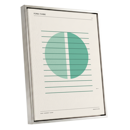 Split Circle Study, green, beige, black minimalist wall art shown as a silver framed canvas wall art