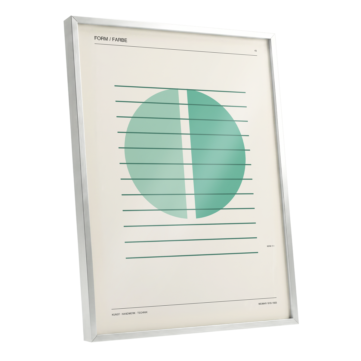 Split Circle Study, green, beige, black minimalist wall art shown as a silver framed poster wall art print