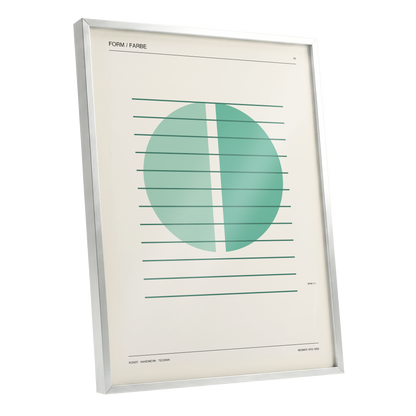 Split Circle Study, green, beige, black minimalist wall art shown as a silver framed poster wall art print