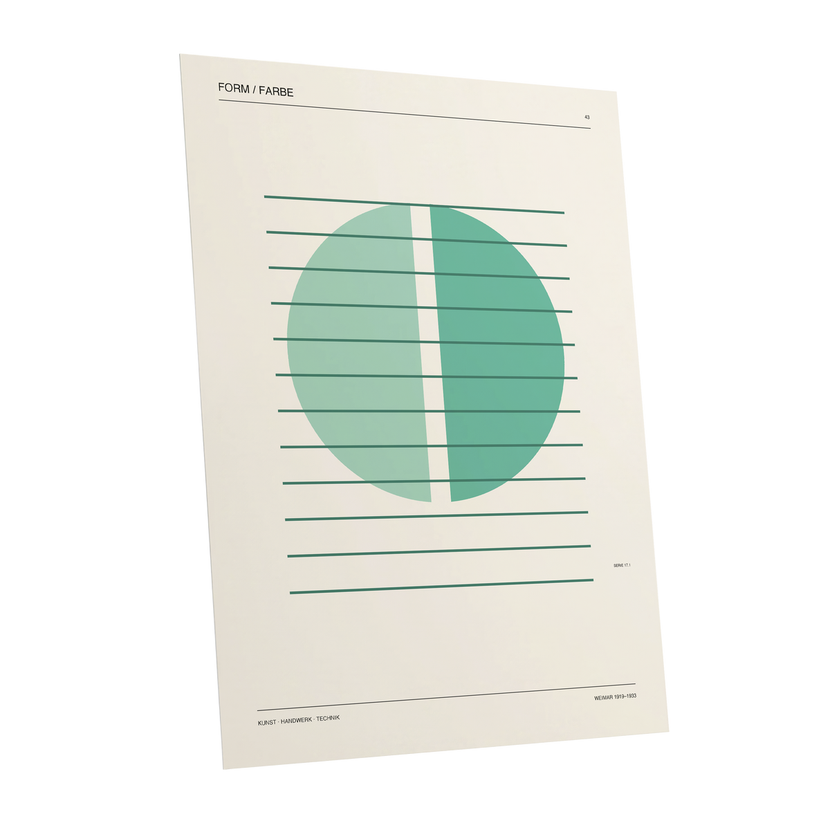 Split Circle Study, green, beige, black minimalist wall art shown as a unframed poster wall art print