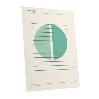 Split Circle Study, green, beige, black minimalist wall art shown as a unframed poster wall art print