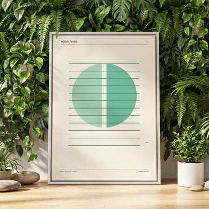 Split Circle Study, green, beige, black minimalist wall art displayed in a styled interior, gallery view 1