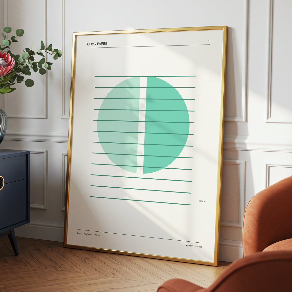 Split Circle Study, green, beige, black minimalist wall art displayed in a styled interior, gallery view 2