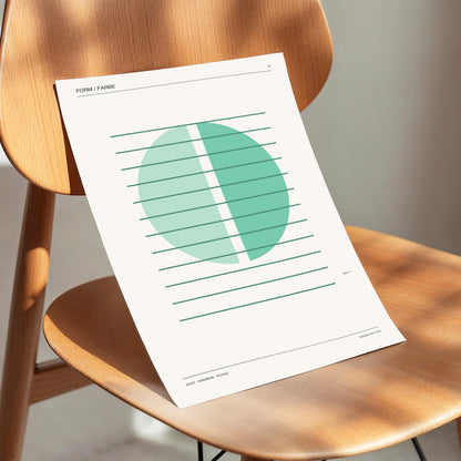 Split Circle Study, green, beige, black minimalist wall art displayed in a styled interior, gallery view 3