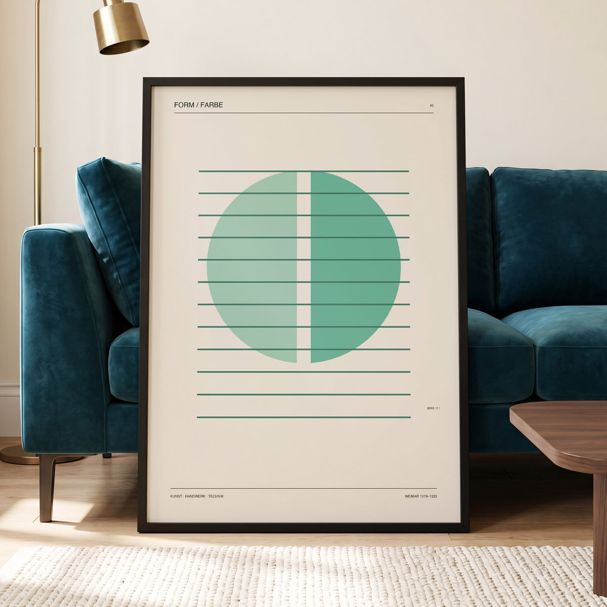 Split Circle Study, green, beige, black minimalist wall art displayed in a styled interior, gallery view 4
