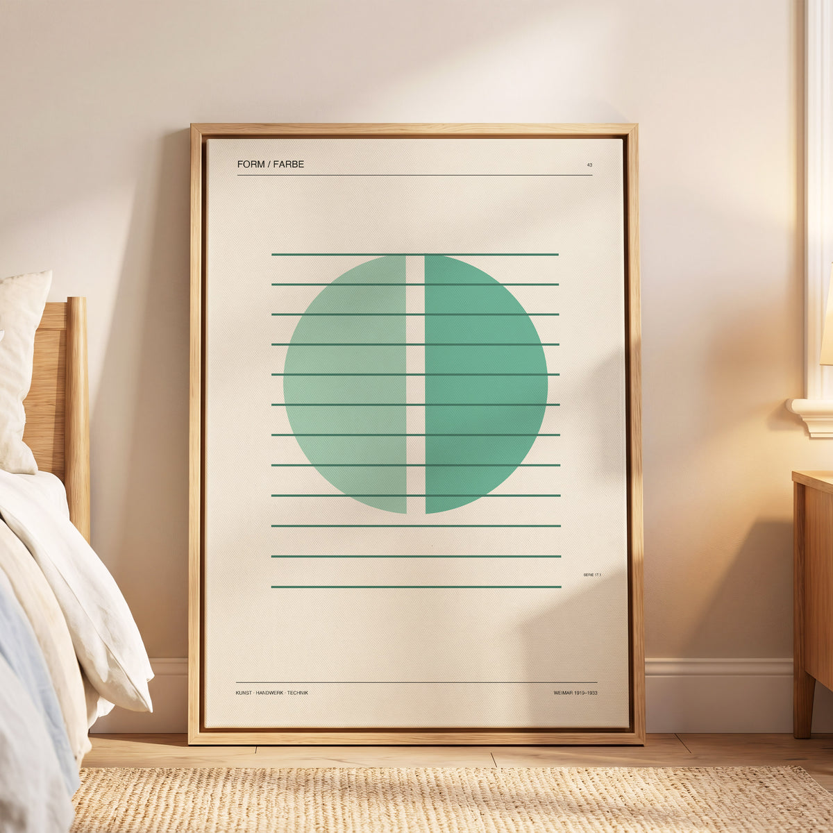 Split Circle Study, green, beige, black minimalist wall art displayed in a styled interior, gallery view 5