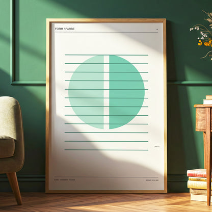 Split Circle Study, green, beige, black minimalist wall art displayed in a styled interior, gallery view 6