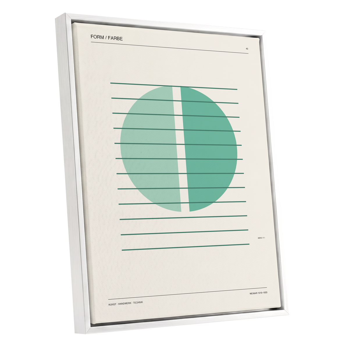 Split Circle Study, green, beige, black minimalist wall art shown as a white framed canvas wall art