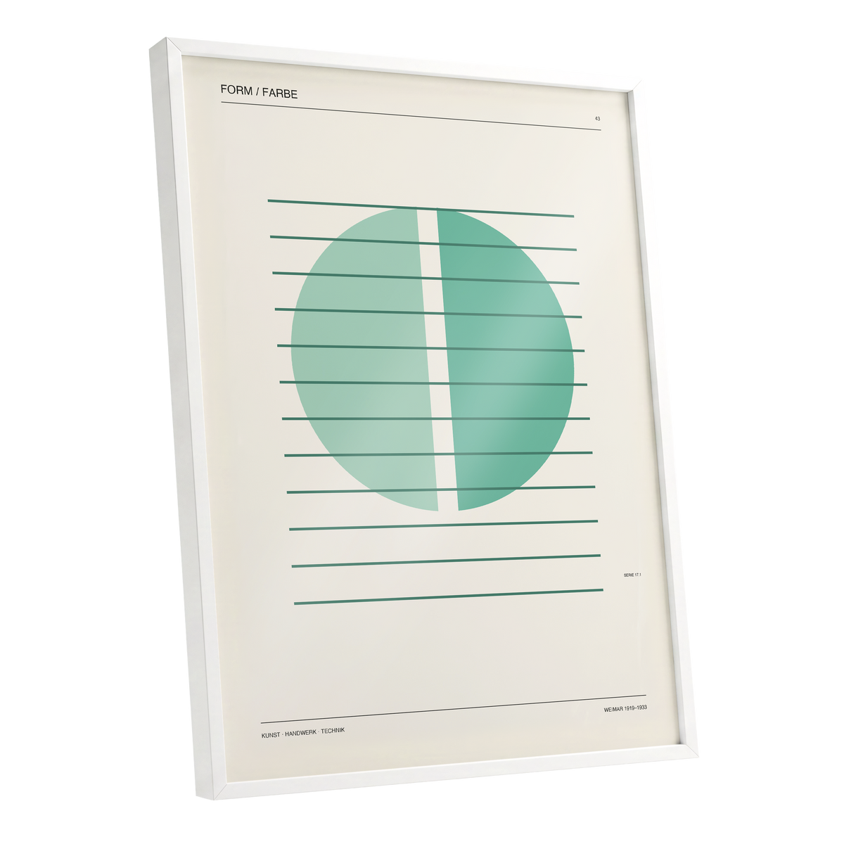 Split Circle Study, green, beige, black minimalist wall art shown as a white framed poster wall art print