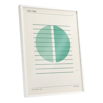 Split Circle Study, green, beige, black minimalist wall art shown as a white framed poster wall art print