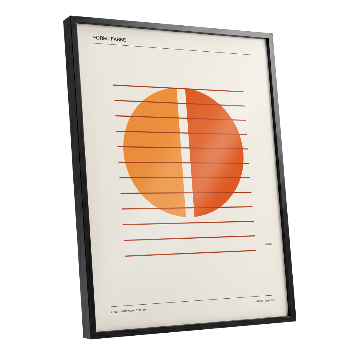 Split Orange Study, beige, orange, brown minimalist wall art shown as a black framed poster wall art print