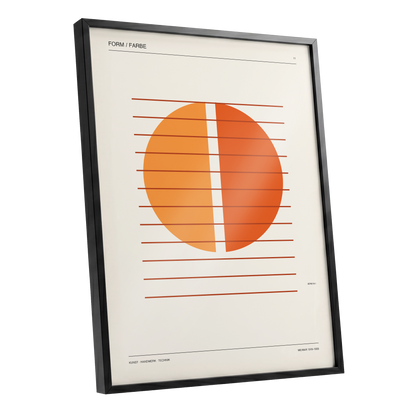 Split Orange Study, beige, orange, brown minimalist wall art shown as a black framed poster wall art print
