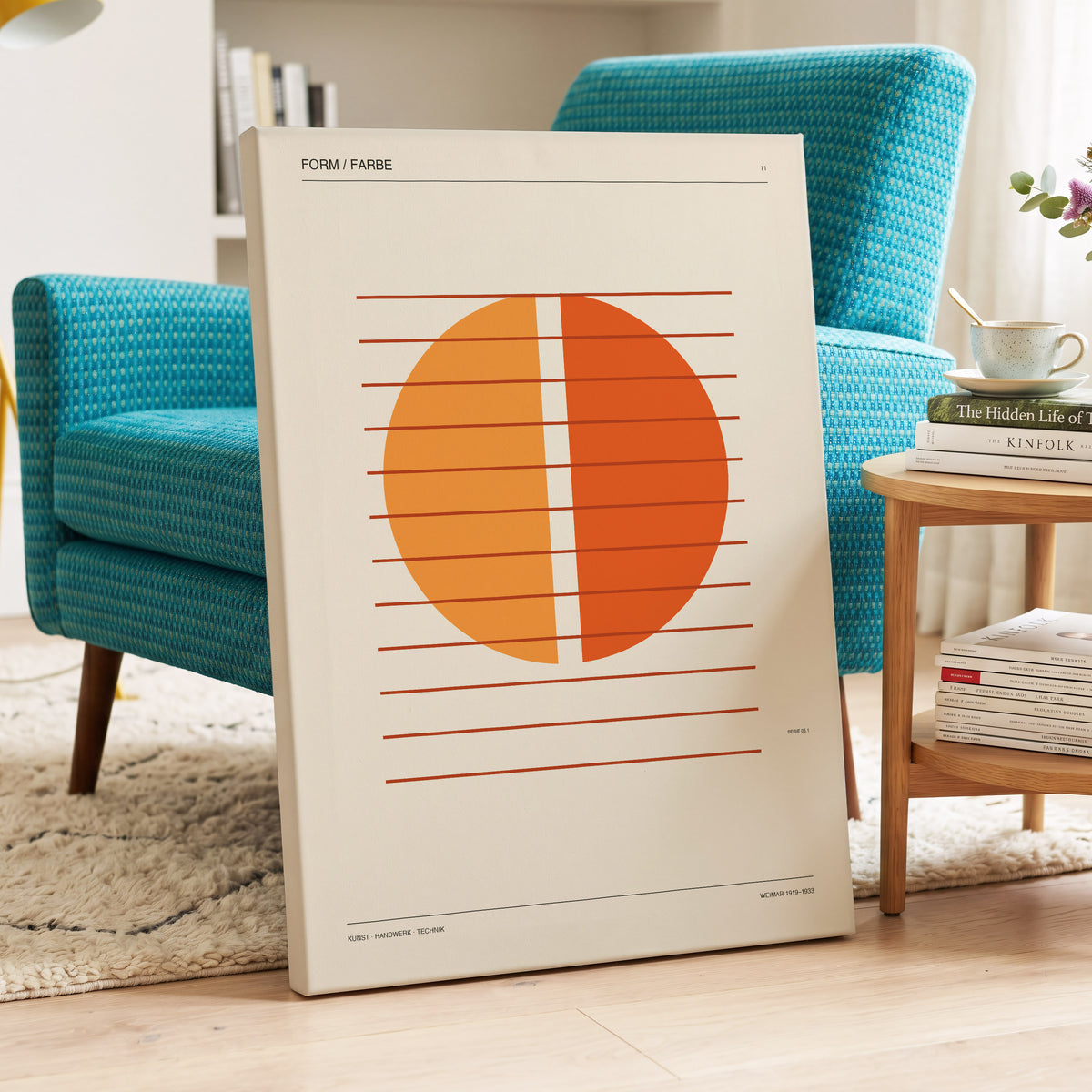 Split Orange Study, beige, orange, brown minimalist wall art on canvas displayed in a styled interior, gallery view 2