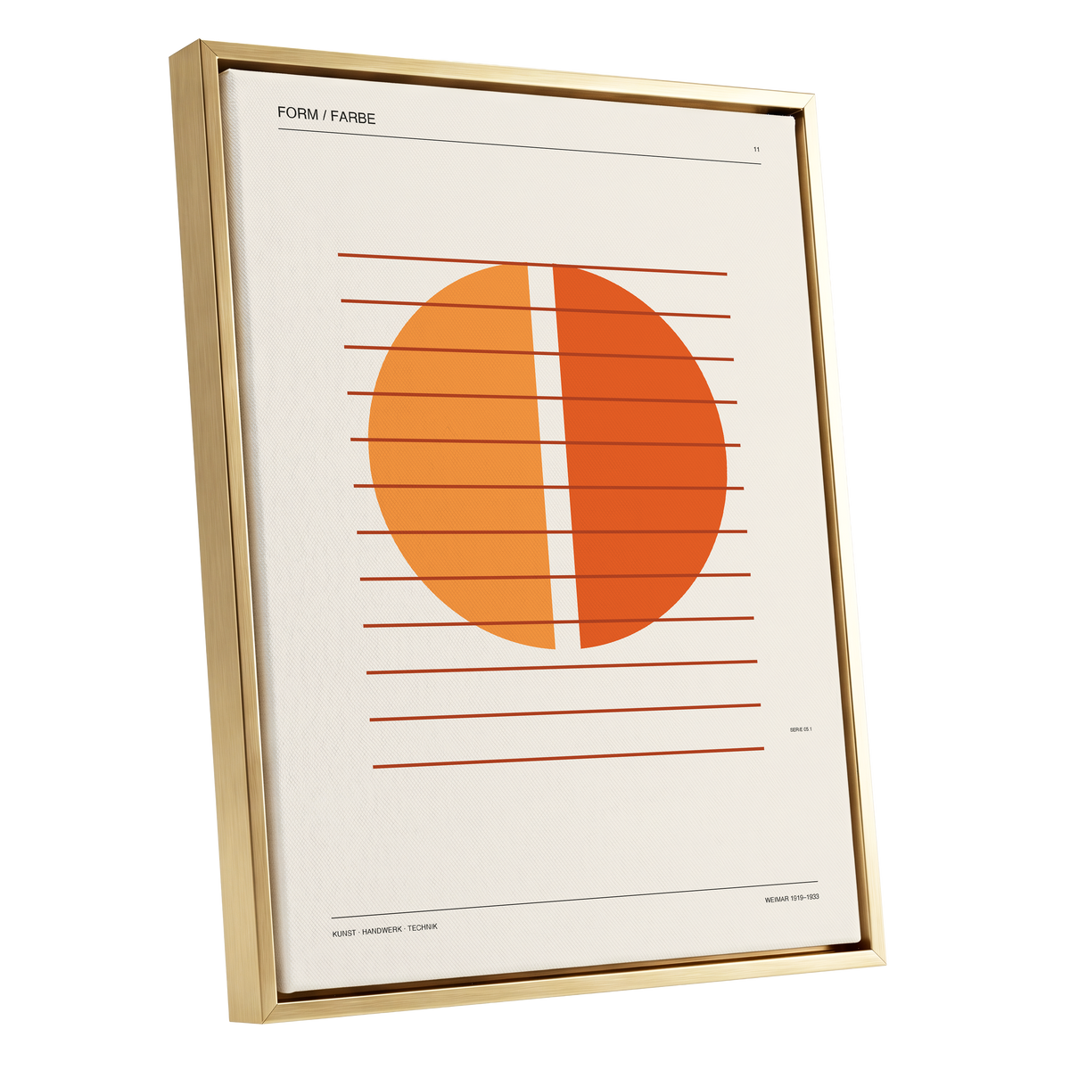 Split Orange Study, beige, orange, brown minimalist wall art shown as a gold framed canvas wall art