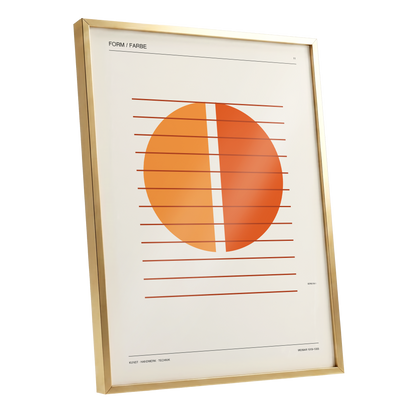 Split Orange Study, beige, orange, brown minimalist wall art shown as a gold framed poster wall art print