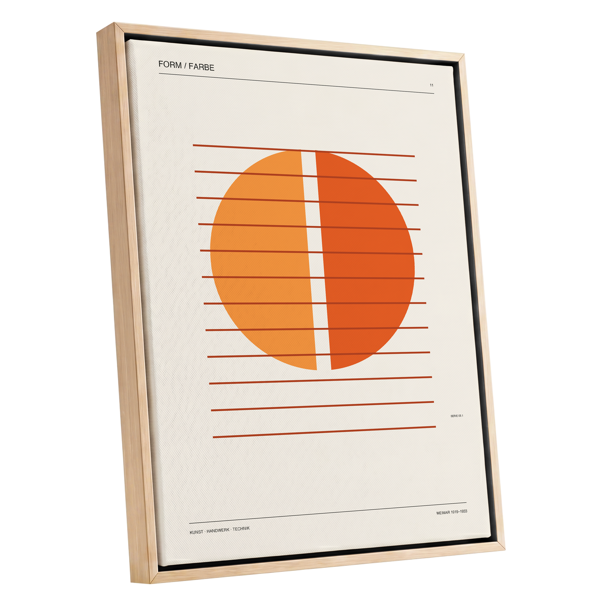 Split Orange Study, beige, orange, brown minimalist wall art shown as a oak framed canvas wall art