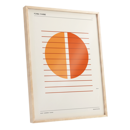 Split Orange Study, beige, orange, brown minimalist wall art shown as a oak framed poster wall art print