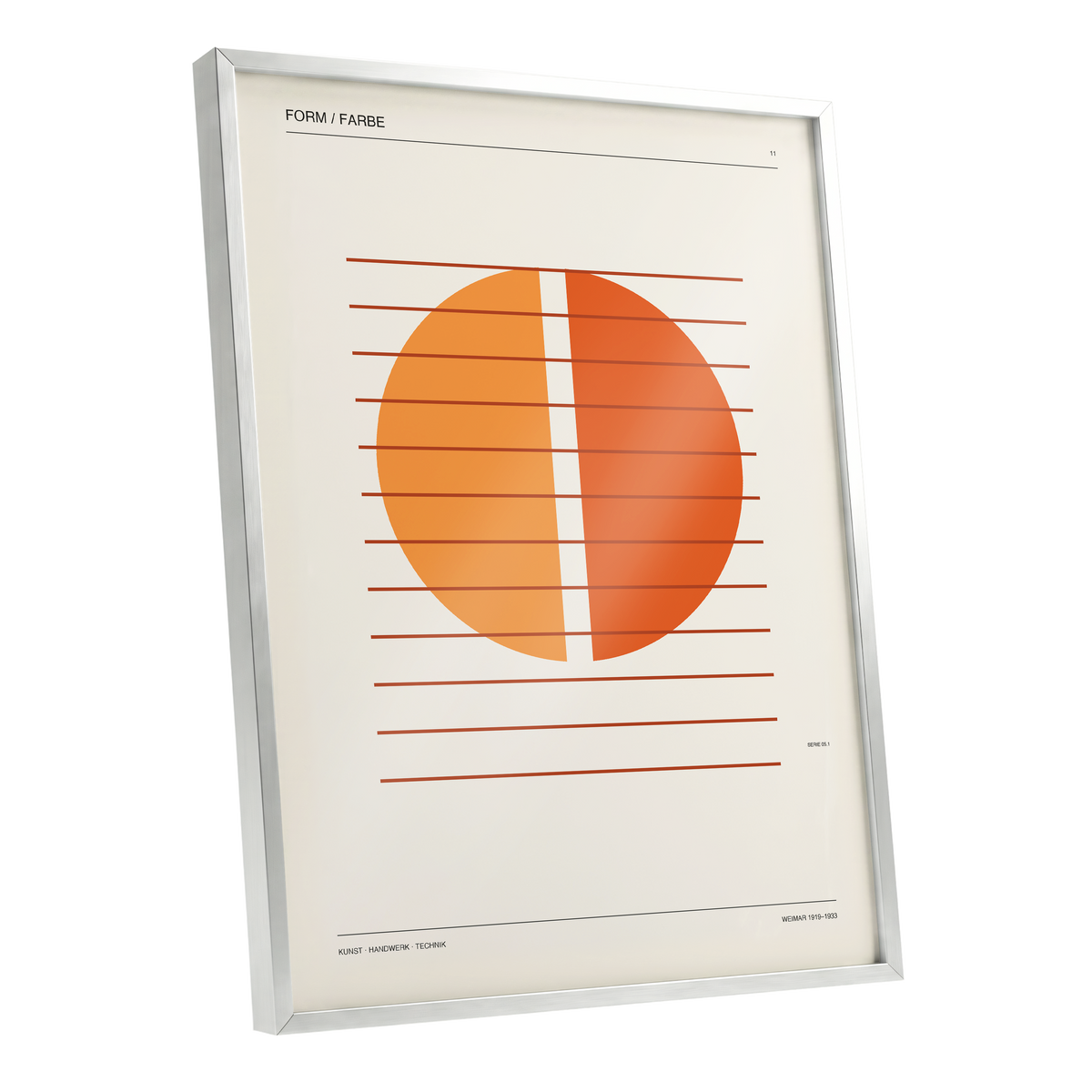 Split Orange Study, beige, orange, brown minimalist wall art shown as a silver framed poster wall art print