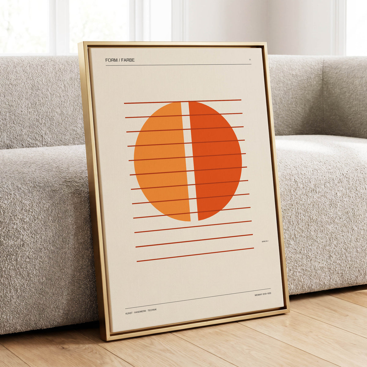 Split Orange Study, beige, orange, brown minimalist wall art displayed in a styled interior, gallery view 1