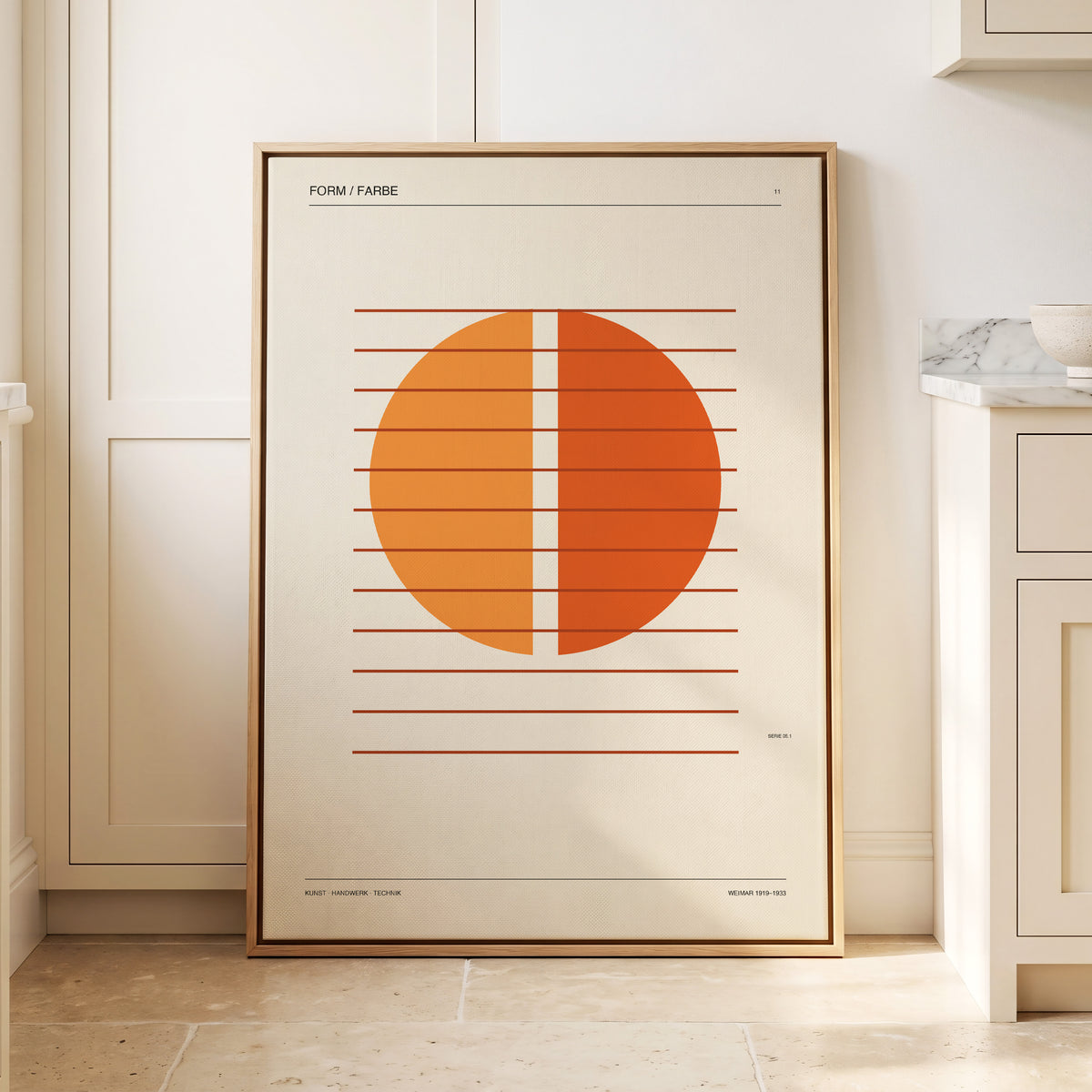 Split Orange Study, beige, orange, brown minimalist wall art displayed in a styled interior, gallery view 2