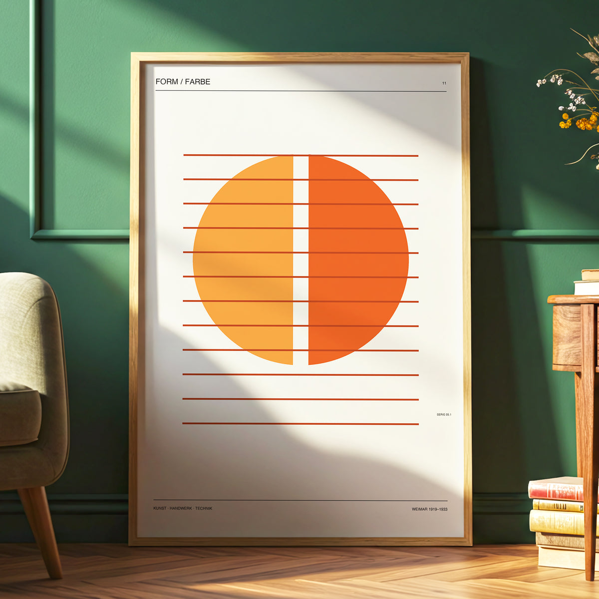 Split Orange Study, beige, orange, brown minimalist wall art displayed in a styled interior, gallery view 6