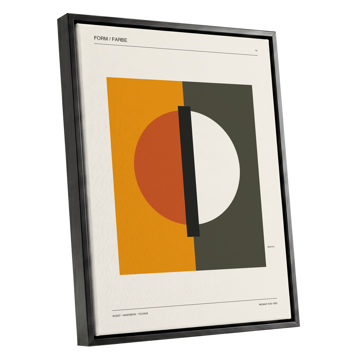 Split Orbit, orange, green, beige minimalist wall art shown as a black framed canvas wall art