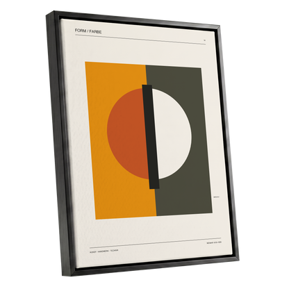 Split Orbit, orange, green, beige minimalist wall art shown as a black framed canvas wall art