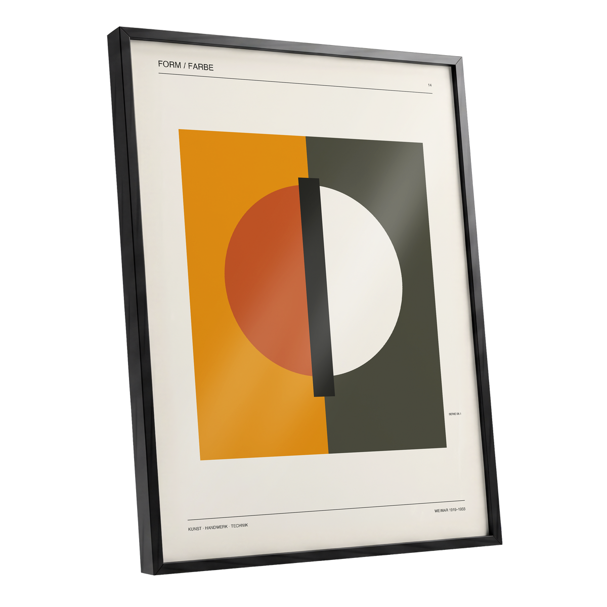 Split Orbit, orange, green, beige minimalist wall art shown as a black framed poster wall art print