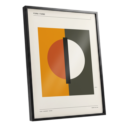 Split Orbit, orange, green, beige minimalist wall art shown as a black framed poster wall art print