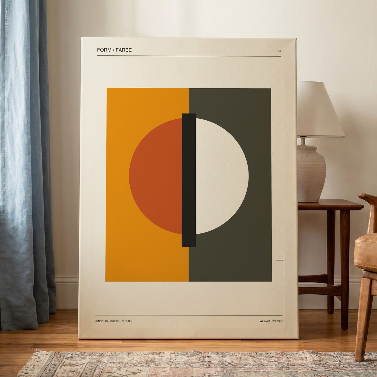 Split Orbit, orange, green, beige minimalist wall art on canvas displayed in a styled interior, gallery view 1