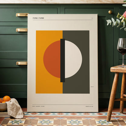 Split Orbit, orange, green, beige minimalist wall art on canvas displayed in a styled interior, gallery view 2