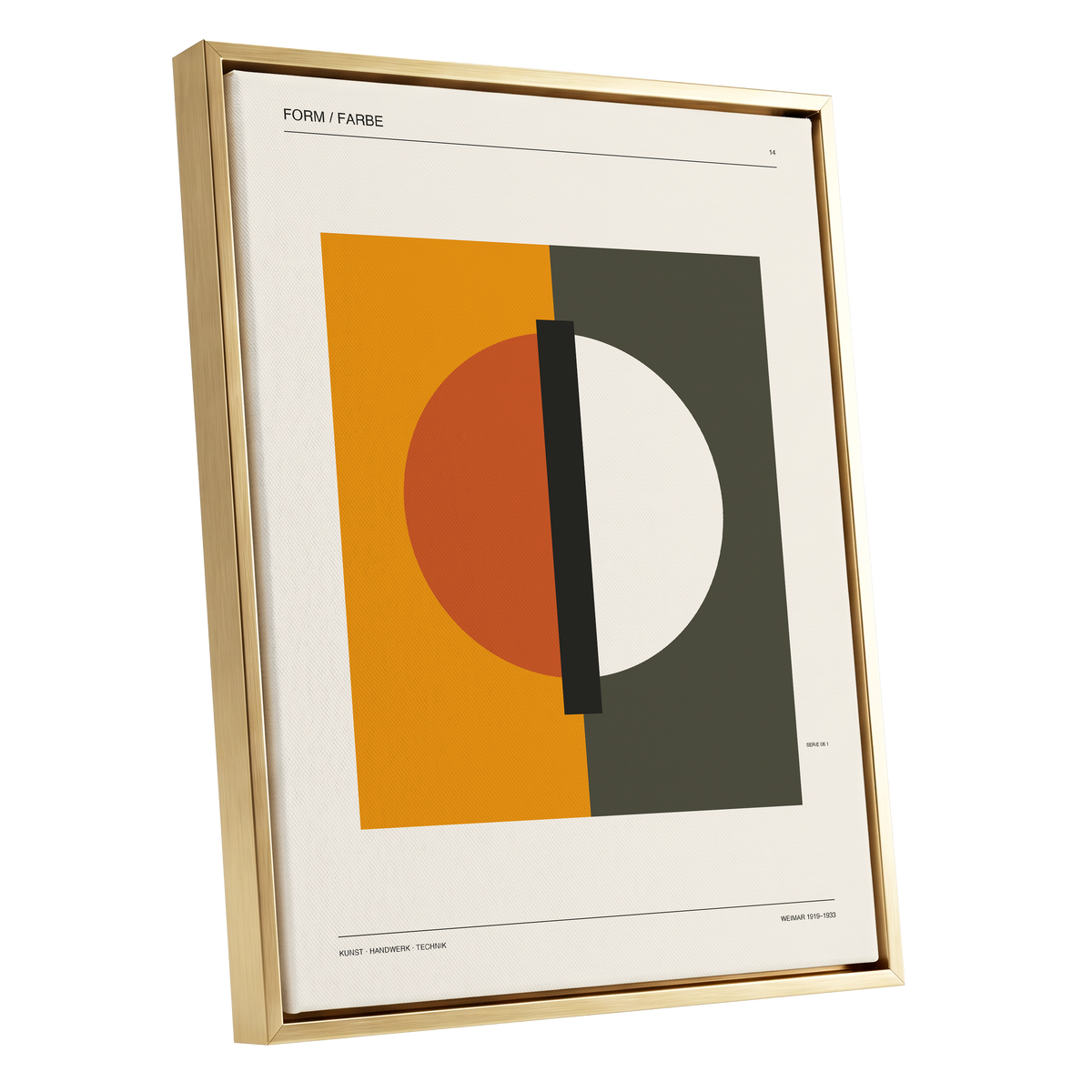 Split Orbit, orange, green, beige minimalist wall art shown as a gold framed canvas wall art