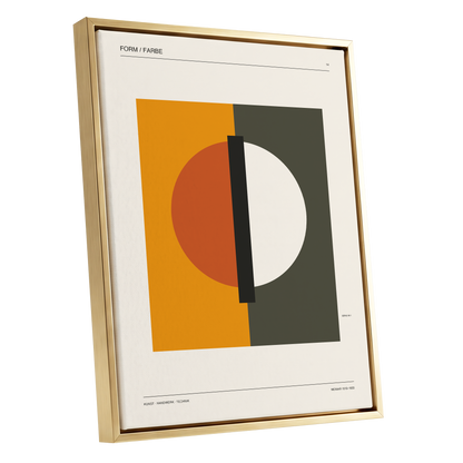 Split Orbit, orange, green, beige minimalist wall art shown as a gold framed canvas wall art