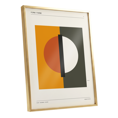 Split Orbit, orange, green, beige minimalist wall art shown as a gold framed poster wall art print