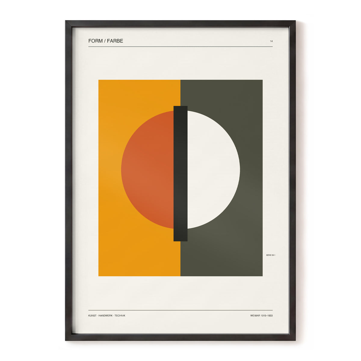 Split Orbit, orange, green, beige minimalist wall art, front artwork view