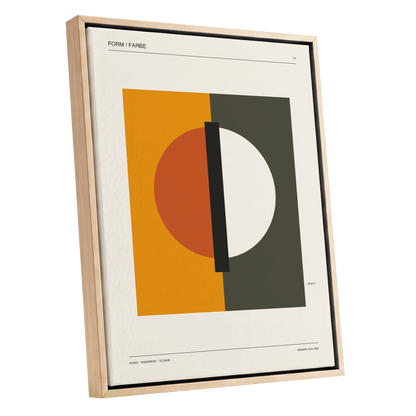 Split Orbit, orange, green, beige minimalist wall art shown as a oak framed canvas wall art