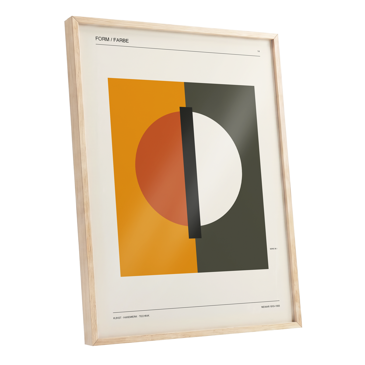 Split Orbit, orange, green, beige minimalist wall art shown as a oak framed poster wall art print